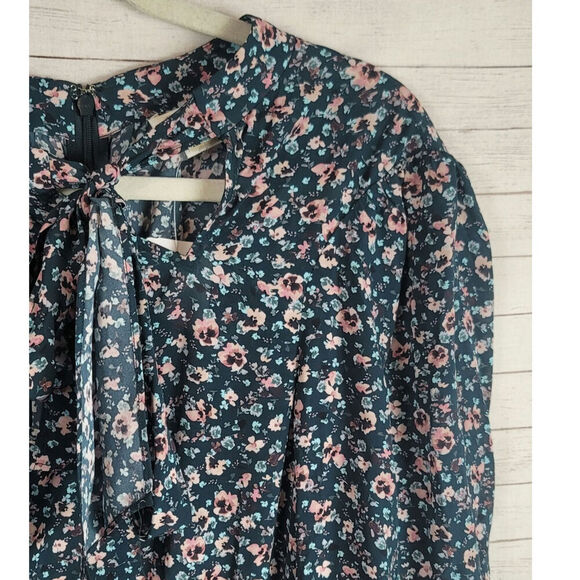 Shoshanna Colten Tie-Neck Blouson Dress in Pine/Blush, sz 12 - Picture 3 of 16